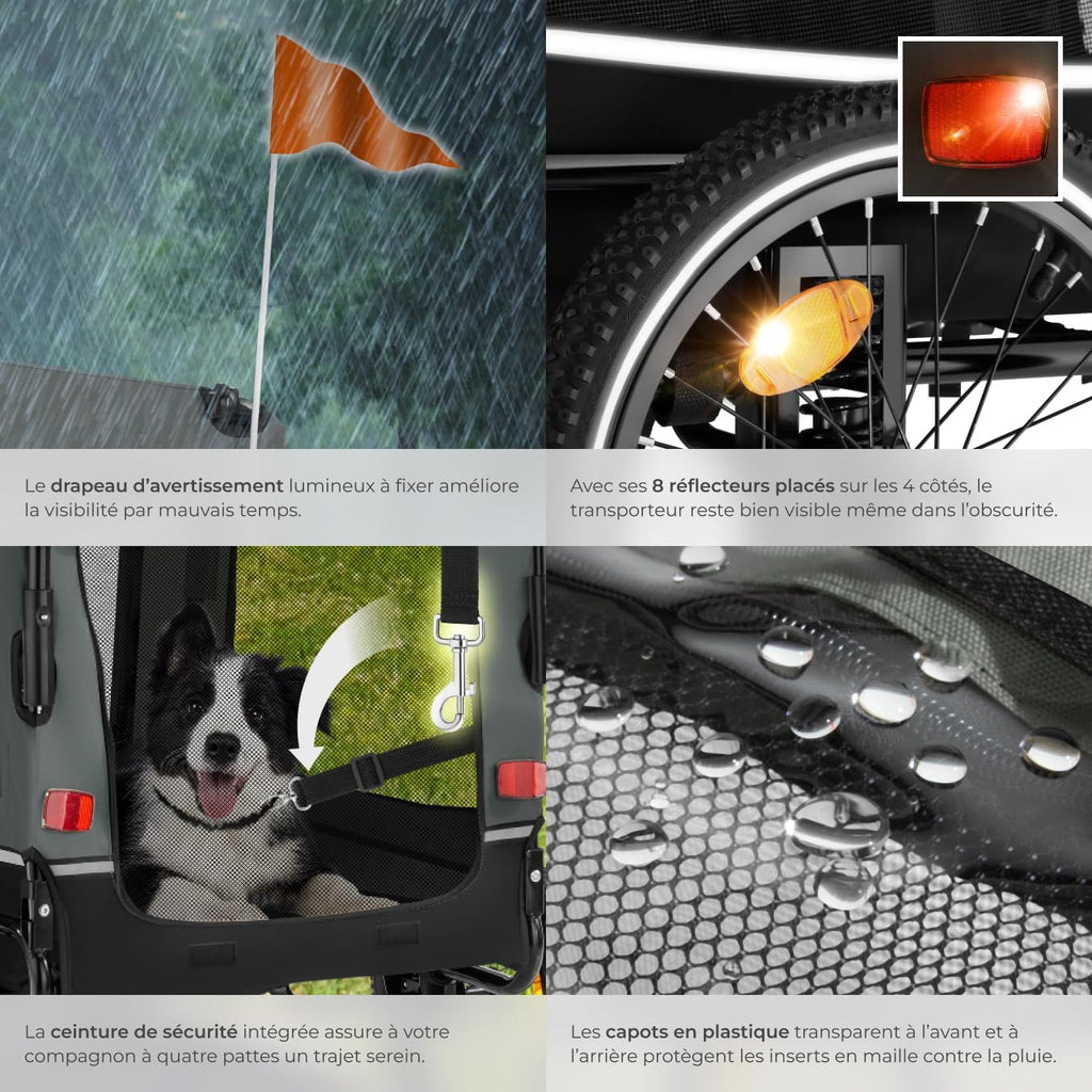 tectake® Remorque Velo Chien 3 en 1 Pliable avec Reflecteurs, Drapeau, Remorques Vélo pour Chiens Aussi comme Poussette Chien Animaux de Compagnie de Taille Moyenne Charge Maximale 40 kg