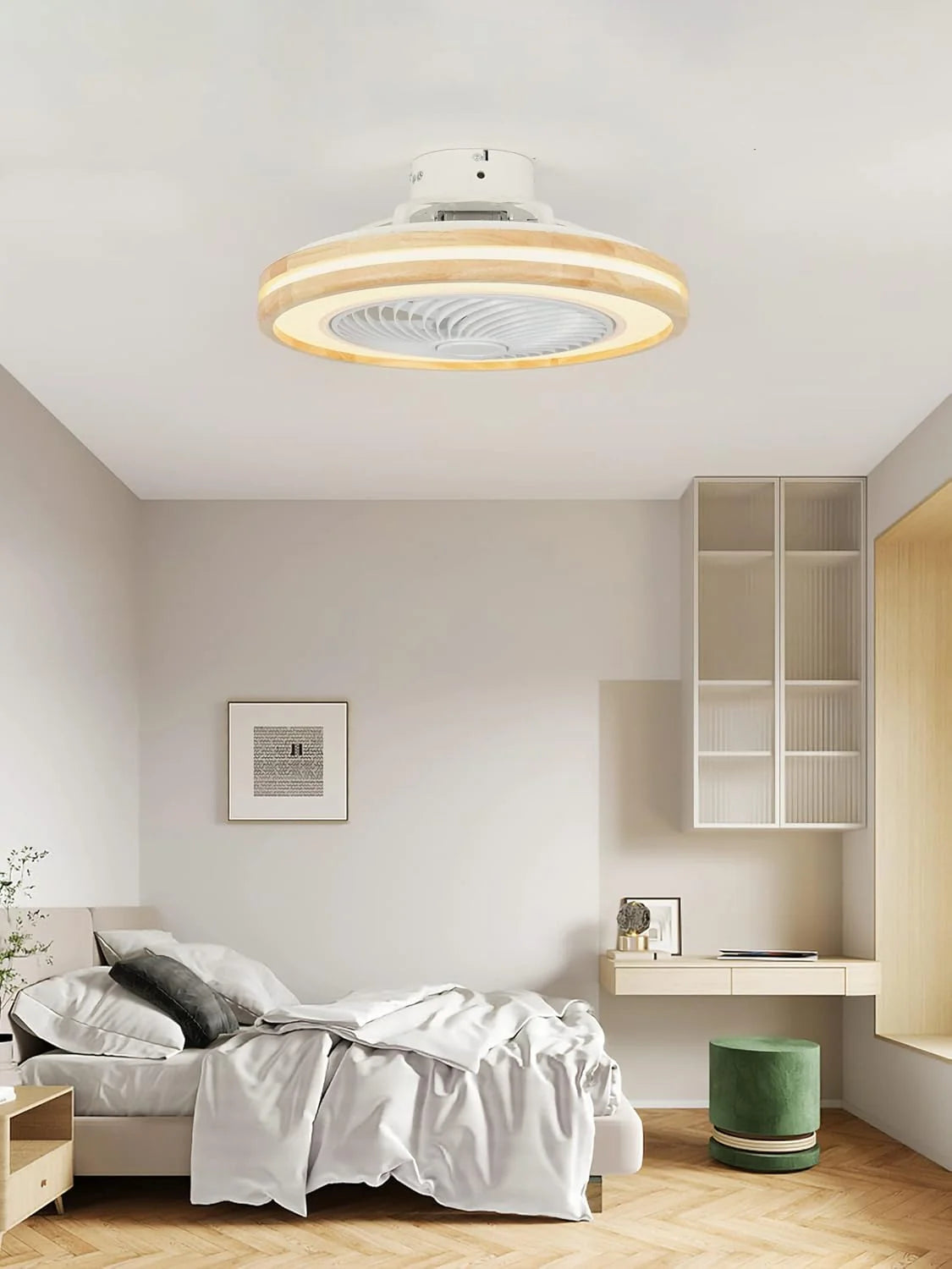 LJX Ventilateurs de Plafond avec Lumières Bois et Télécommande Plafonnier Ventilateur Design Sans Pales Été Et Hiver Réversible 6 Vitesses Moteur DC Gradable Ventilo Plafond Silencieux Pour Chambre