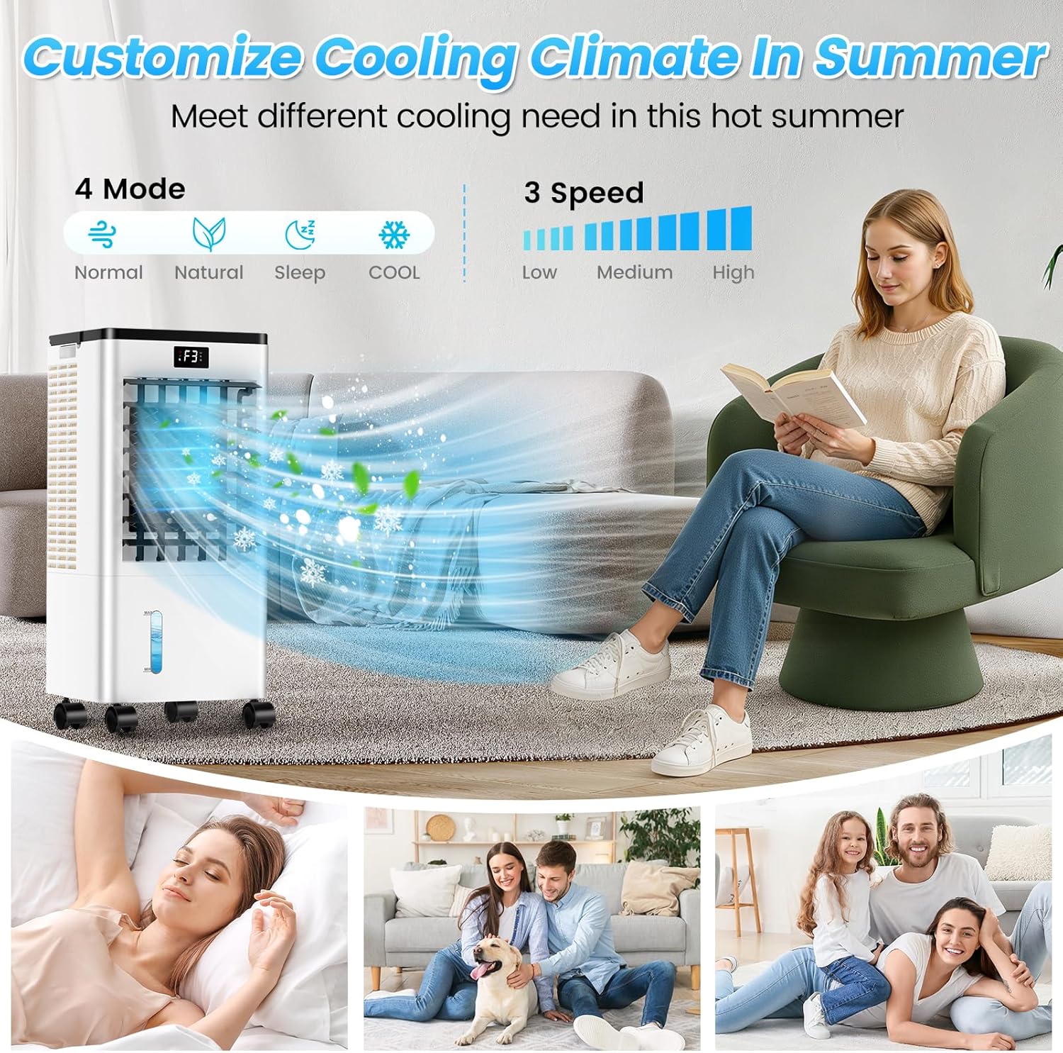 Climatiseur Mobile Silencieux, 8L Refroidisseur d'air 3 IN 1 Climatiseur Portable Ventilateur Humidificateur, 12H Minuterie, 3 Vitesses, Télécommande, Économie d'énergie pour Chambre Maison Bureau