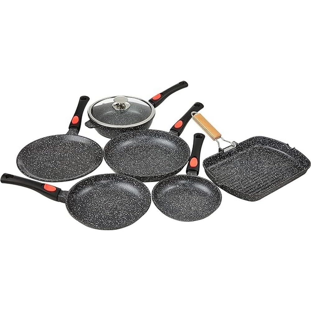 Kamberg - Set Lot Batterie de cuisine 24 pièces - Fonte d'aluminium - Revêtement pierre - Manche Amovible - Tous Feux dont Induction - Sans PFOA - 0008163, Noir : Cuisine et Maison