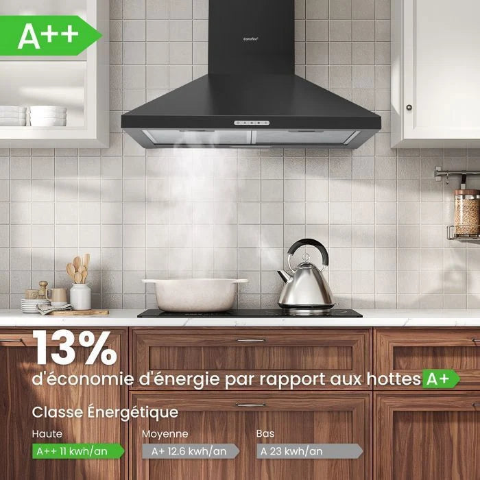 Hotte Aspirante 60cm Comfee - 400 m³/h - Classe A++ - 2 Filtres à Charbon - 3 Vitesses - Recyclage & Évacuation - LED lampe - Inox