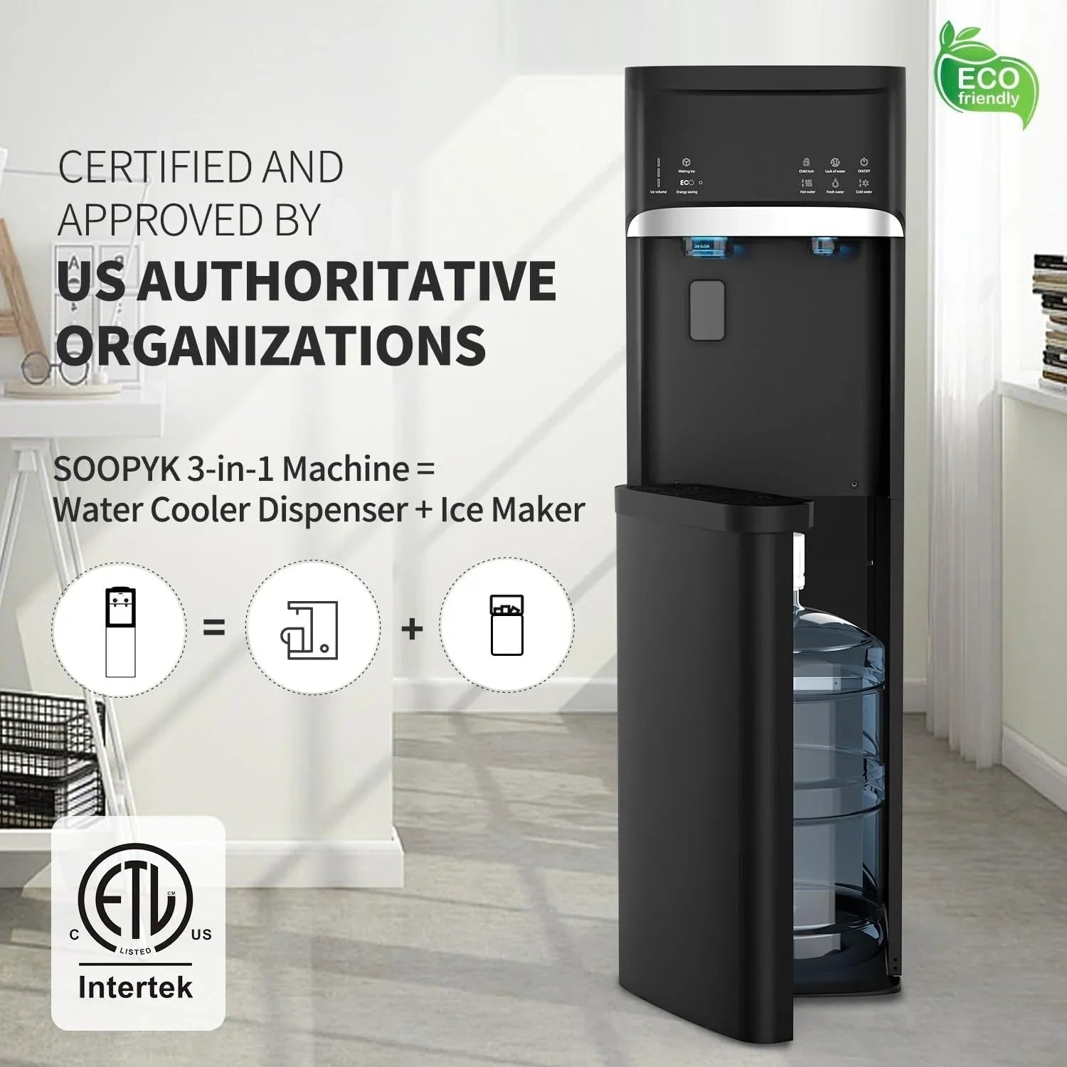 Distributeurs d'eau chaude et froide 3-en-1 noirs avec machine à glaçons