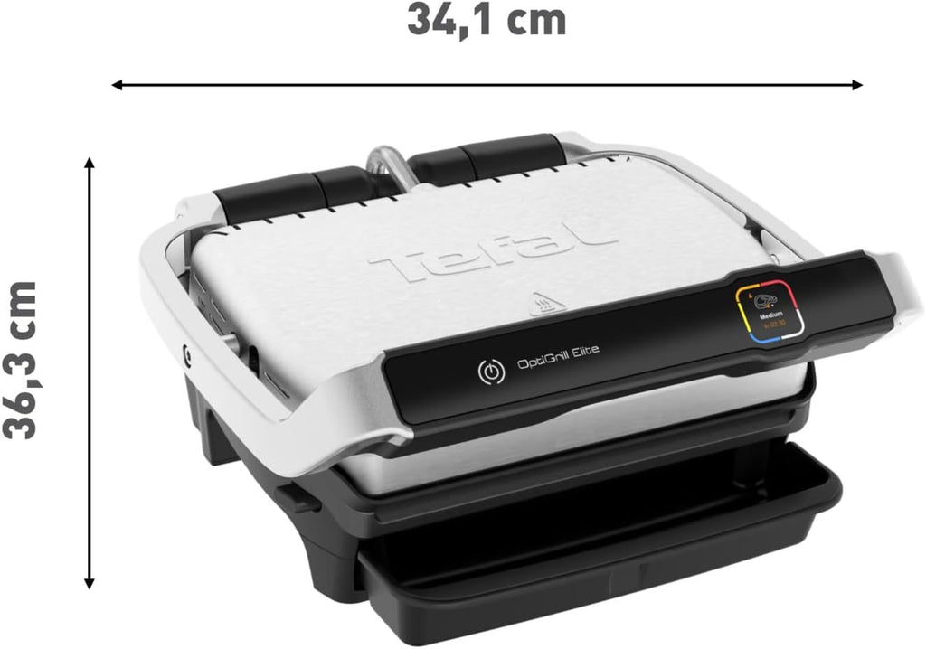 Tefal OptiGrill Elite gril de contact, 12 programmes, écran numérique avec indicateur de cuisson, plaques amovibles, gril électrique, acier inoxydable, GC750D16