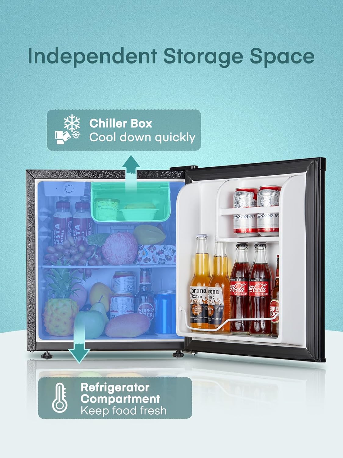 FOHERE Mini Réfrigérateur 46L, Petit Frigo avec Thermostat Réglable, Économie d'Énergie, Silencieux, Porte Réversible, Minibar, Adapté à la Maison et au Bureau, Dortoir, Hôtel, Inox