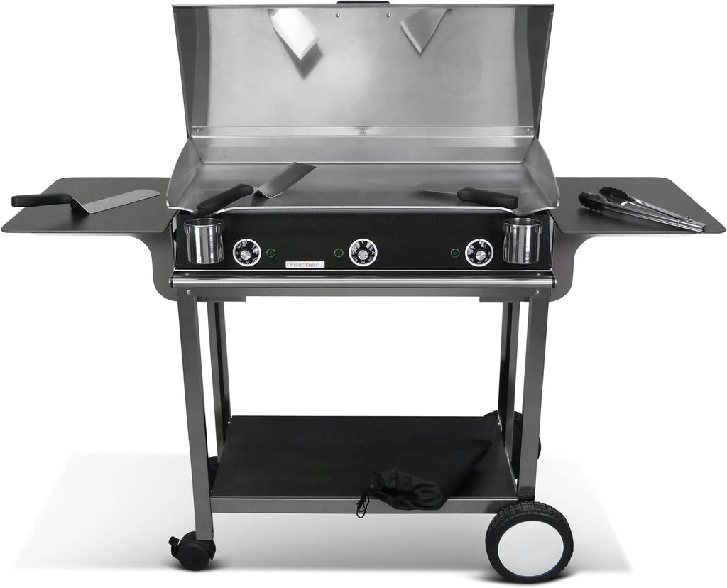 Pack Plancha Electrique LUX 830 - Chariot Rivoli + Accessoires - Inox - Finitions Carbon - 3 Thermostats Réglables - Made In France - L83 X P45 X H20 cm