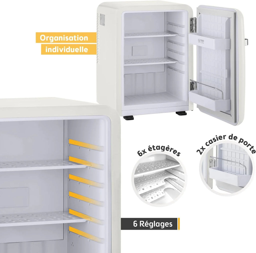 TZS First Austria - Mini Réfrigérateur Rétro 40L silencieux - Petit Minifrigo design vintage avec lumière intérieure et 2 compartiments de porte - Minibar pour camping, bureau, chambre & hôtel - Crème