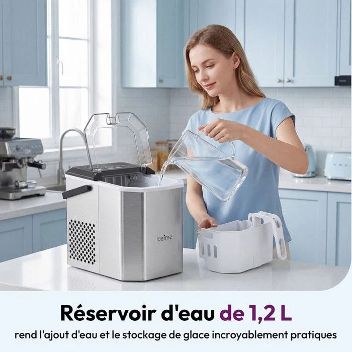LOEFME Machine à glaçons 1.2L-9 Glaçons en 6 min 12kg/24h- autonettoyante silencieuse, deux tailles de glace，Avec support