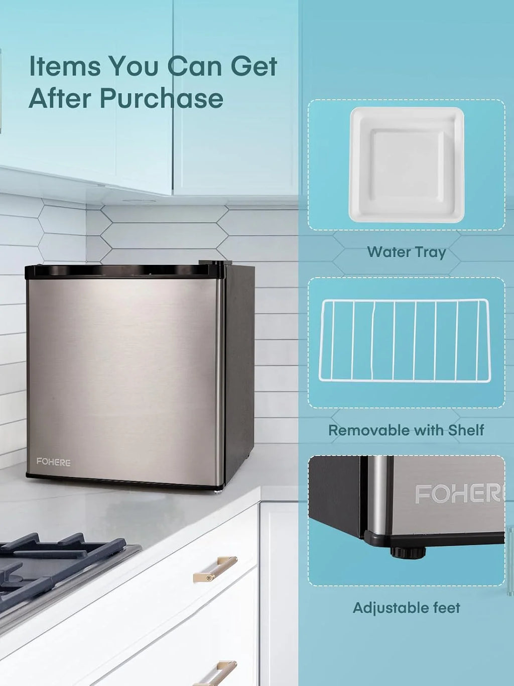FOHERE Mini Réfrigérateur 46L, Petit Frigo avec Thermostat Réglable, Économie d'Énergie, Silencieux, Porte Réversible, Minibar, Adapté à la Maison et au Bureau, Dortoir, Hôtel, Inox