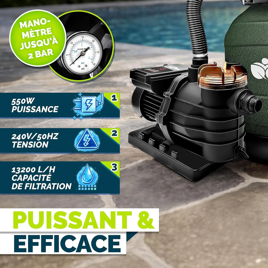 tillvex® Système de Filtre à Sable 13 200L/h jusqu'à 40 000L + 1200g Boules Filtre | 7 Fonctions & Adaptateur 2en1 Ø32-38mm | Filtre piscine & indicateur de pression (Vert, Avec minuterie)