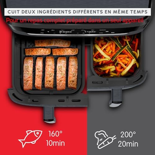 Moulinex air fryer deux compartiments, très grande capacité 11L, 10 personnes, 7 Programmes automatiques, friteuse sans huile, Ecran tactile digital, Dual inox, EZ942BF0, Gris foncé : Cuisine et Maison