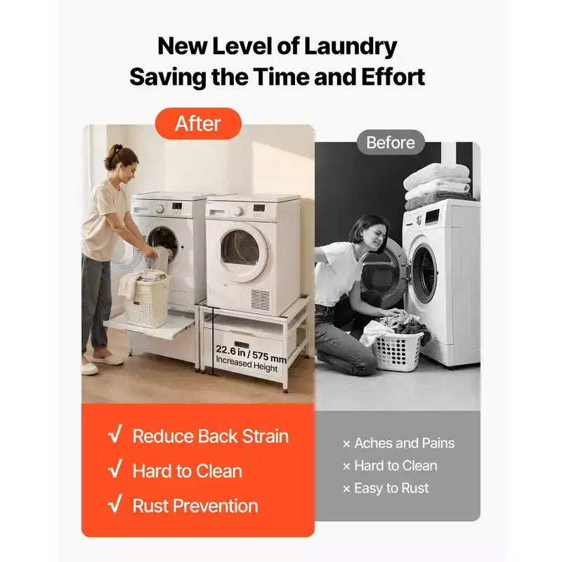 Socle de lave-linge et sèche-linge VEVOR, hauteur 57,4 cm, 73,6 x 73,6 cm, avec tiroir coulissant et espace de rangement, capacité de charge 362,9 kg, antidérapant, blanc