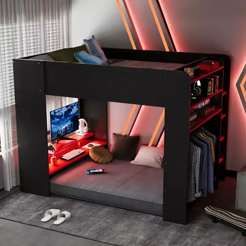 Lit mezzanine double Luxystar avec bureau réglable lumineux, armoire ouverte et bibliothèque
