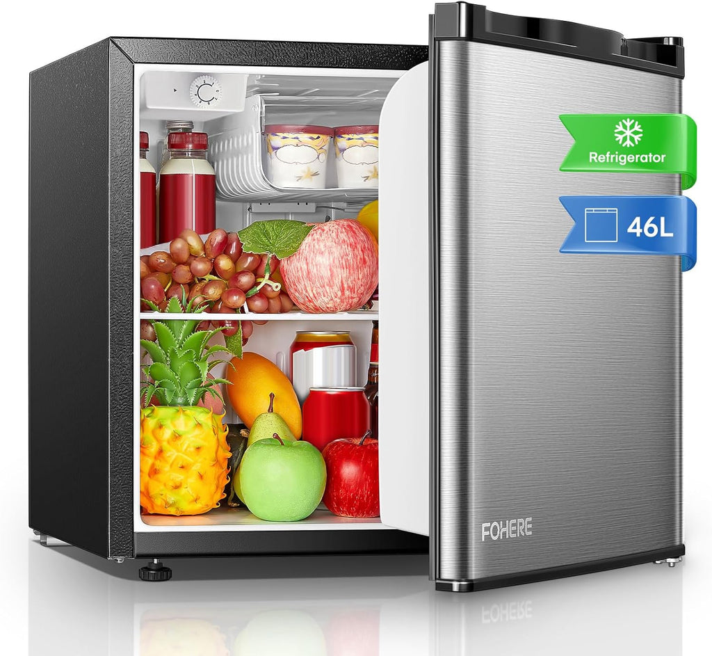 FOHERE Mini Réfrigérateur 46L, Petit Frigo avec Thermostat Réglable, Économie d'Énergie, Silencieux, Porte Réversible, Minibar, Adapté à la Maison et au Bureau, Dortoir, Hôtel, Inox