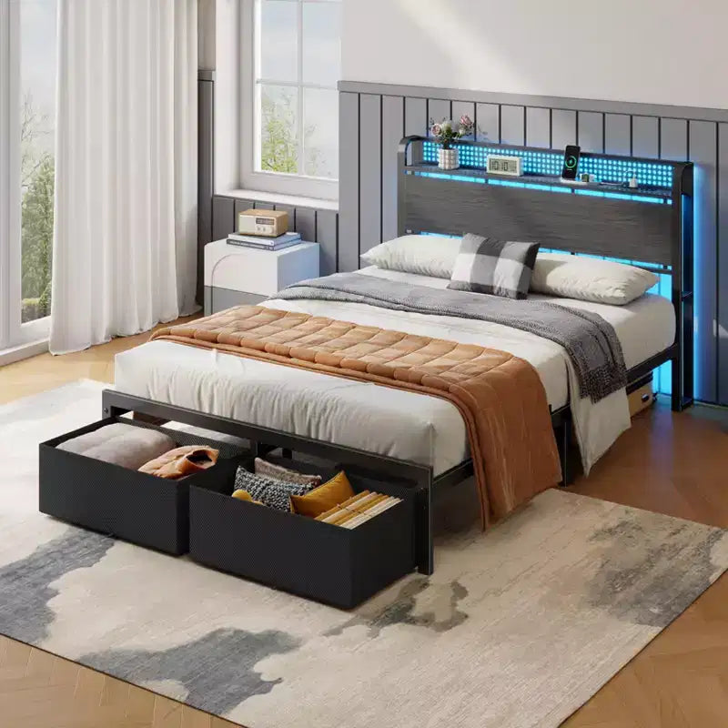 Cadre de lit plateforme pleine grandeur 2 tiroirs de rangement Tête de lit Lumières LED Station de charge Métal Bois robuste Pas besoin de sommier Chambre d'amis USB