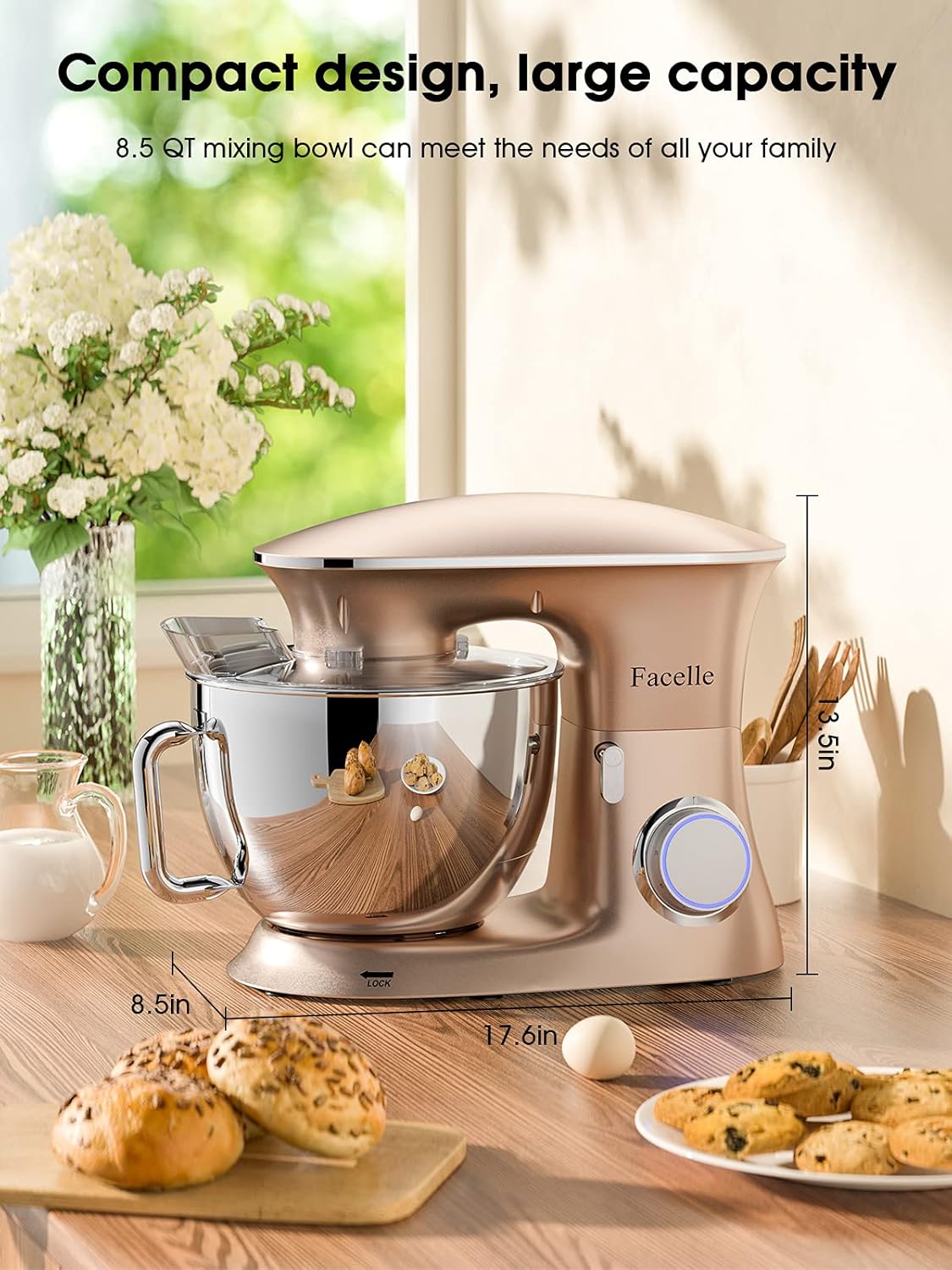 Facelle Robot Ptissier Multifonctions de Cuisine 1500W 8.5L, Puissant, Métalique, Mixeur Batteur sur Scole, avec Batteur, Fouet, Crochet Pétrin, 6 Vitesses,Robot Patisserie Multifonction