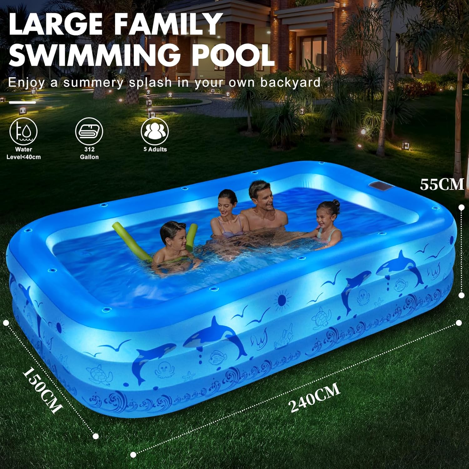 LanOcean Piscine Gonflable Adulte avec Lumières, Solaire Familiale Piscines Gonflables Rectangulaire avec 12 Mode D'éclairage,240x150x55CM Grande Piscine Gonflable Enfant, Pataugeoire Bebe pour Jardin