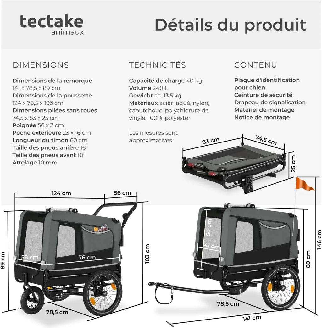 tectake® Remorque Velo Chien 3 en 1 Pliable avec Reflecteurs, Drapeau, Remorques Vélo pour Chiens Aussi comme Poussette Chien Animaux de Compagnie de Taille Moyenne Charge Maximale 40 kg