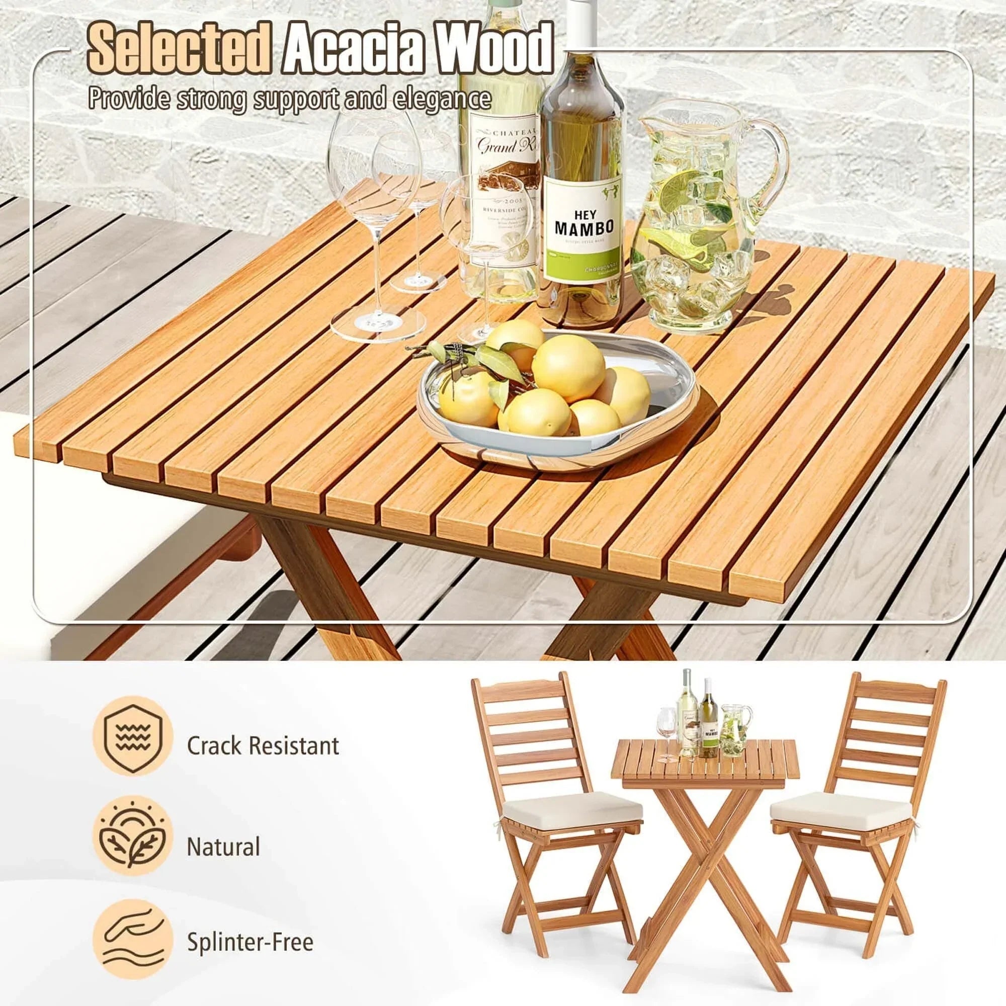Ensemble bistrot pliant 3 pièces Patiojoy avec coussins de siège amovibles - Voir les détails