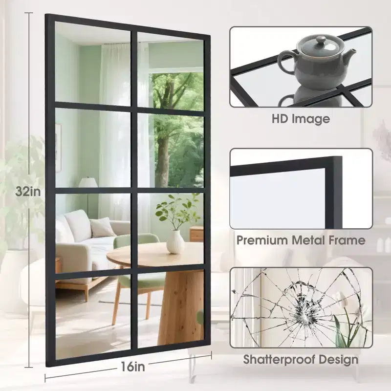 Miroir mural minimaliste JIONJOY avec cadre en métal noir, miroir décoratif de style fenêtre, miroir d'entrée incassable