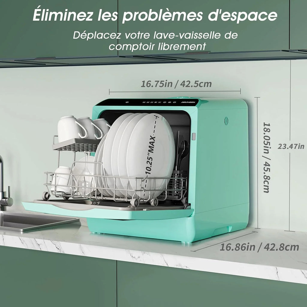 AIRMSEN Mini Lave-Vaisselle de Comptoir, 5+1 Programmes, Réservoir d'Eau de 5L, Contrôle Tactile et Écran LED, Adapté pour les Cuisines Familiales, Appartements et Dortoirs, Vert