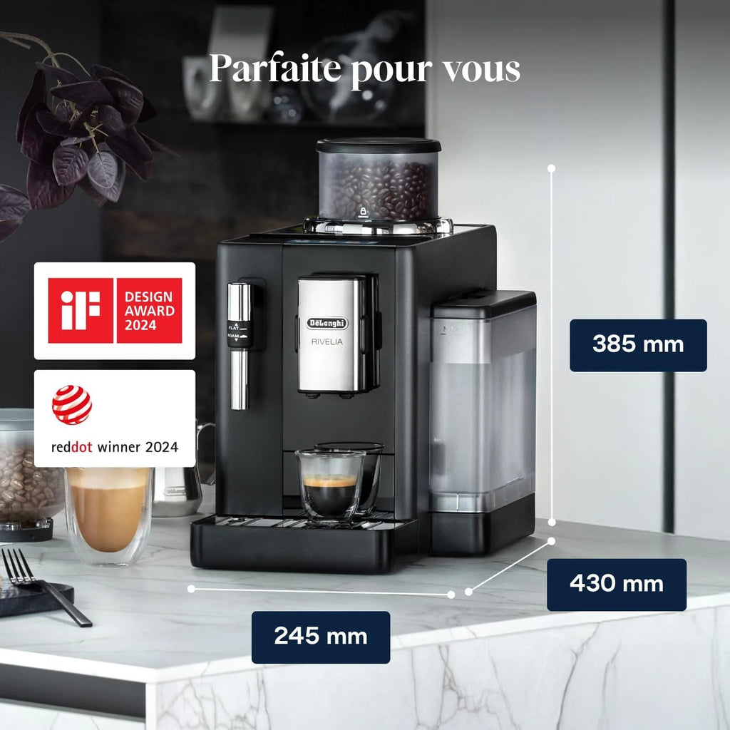 De’Longhi Rivelia - Perfetto Machine à Café Automatique, Mousseur à Lait Classique, 8 Boissons Enregistrées, Écran Tactile Couleur, Réservoir à Grains de Café Interchangeables, Noir (EXAM440.35.B)