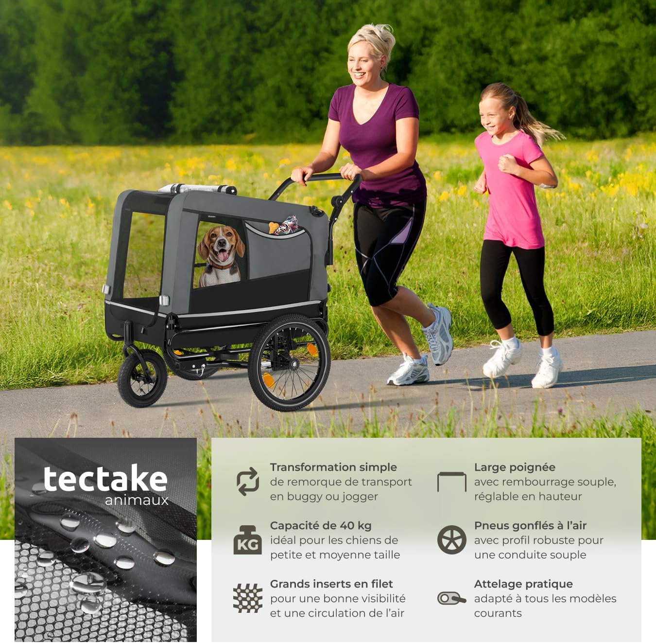 tectake® Remorque Velo Chien 3 en 1 Pliable avec Reflecteurs, Drapeau, Remorques Vélo pour Chiens Aussi comme Poussette Chien Animaux de Compagnie de Taille Moyenne Charge Maximale 40 kg