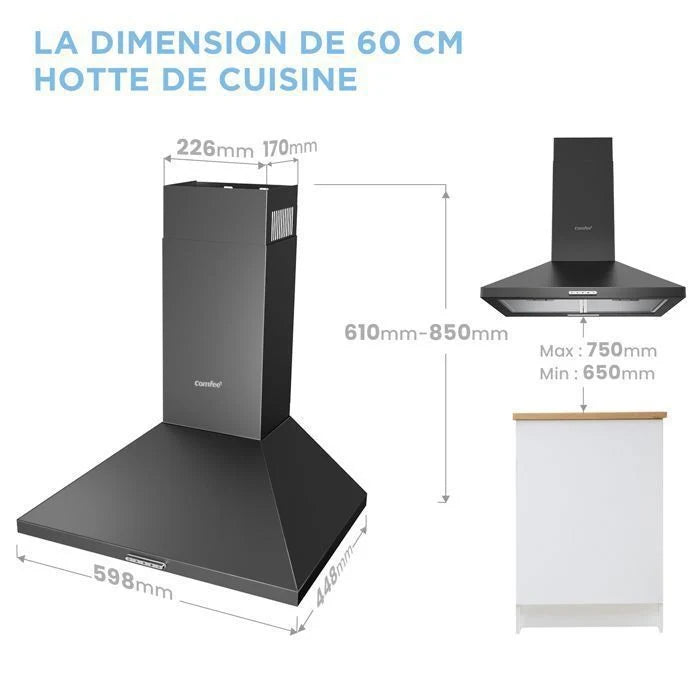 Hotte Aspirante 60cm Comfee - 400 m³/h - Classe A++ - 2 Filtres à Charbon - 3 Vitesses - Recyclage & Évacuation - LED lampe - Inox