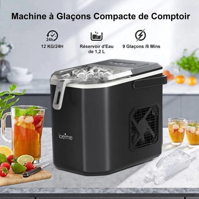 LOEFME Machine à glaçons 1.2L-9 Glaçons en 6 min 12kg/24h- autonettoyante silencieuse, deux tailles de glace，Avec support