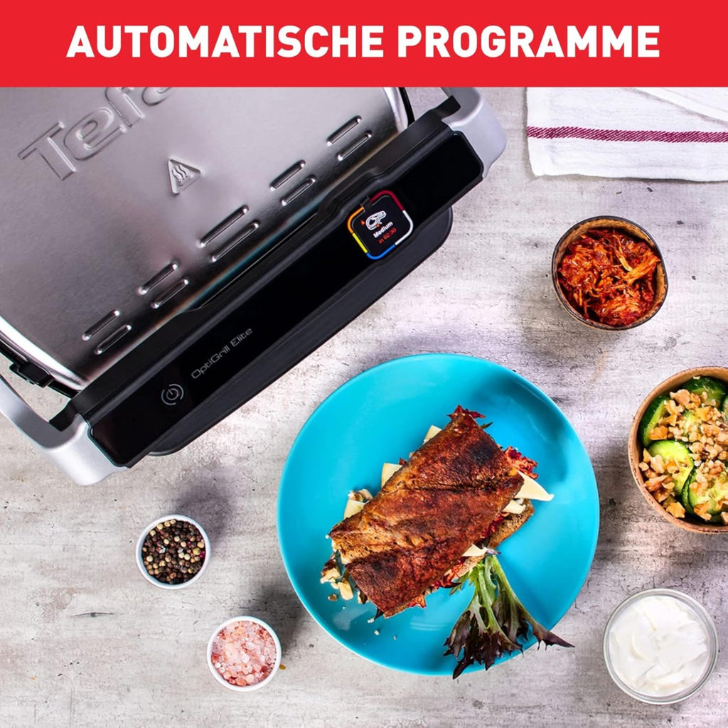 Tefal OptiGrill Elite gril de contact, 12 programmes, écran numérique avec indicateur de cuisson, plaques amovibles, gril électrique, acier inoxydable, GC750D16