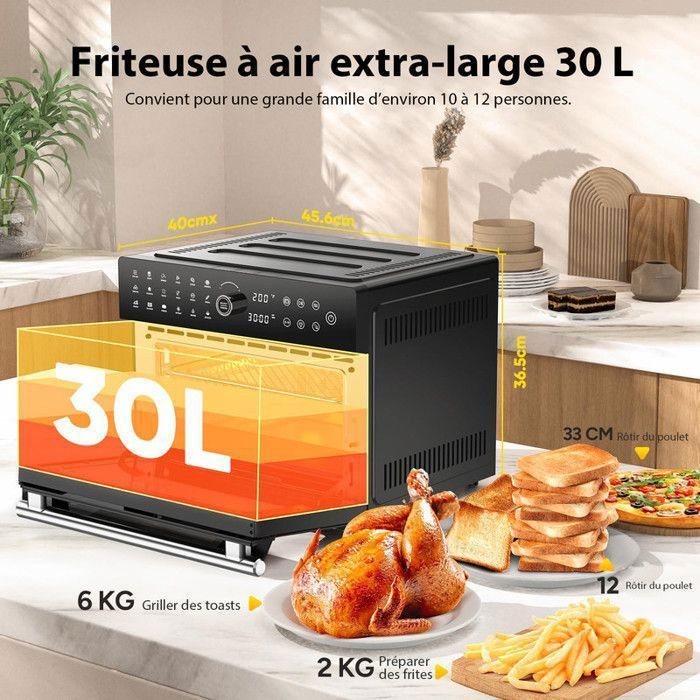Mini four professionnel - Four a air, 30L/21 Programmes/30-230℃, Lumière intégrée, Cavité et plateaux en acier inoxydable