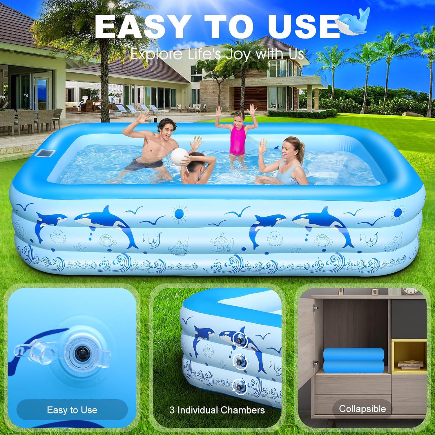 LanOcean Piscine Gonflable Adulte avec Lumières, Solaire Familiale Piscines Gonflables Rectangulaire avec 12 Mode D'éclairage,240x150x55CM Grande Piscine Gonflable Enfant, Pataugeoire Bebe pour Jardin