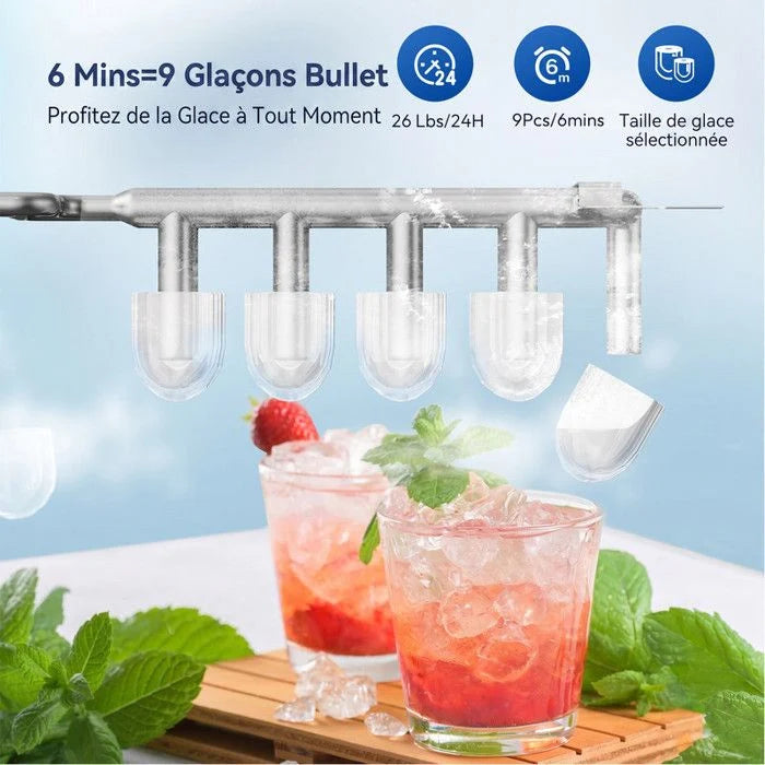 Machine à glaçons verte 12kg/24h, réservoir 1.4L, 9 glaçons en 6min, silencieuse, autonettoyante, 2 tailles de glaçons, avec poignée