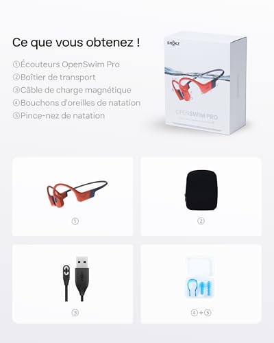 SHOKZ OpenSwim Pro Casque à Conduction osseuse, écouteurs sans Fil à Oreilles Libres, IP68, Bluetooth 5.4, Stockage MP3 32Go, micros à Annulation de Bruit, 9h d’autonomie pour Courir et Nager – Rouge