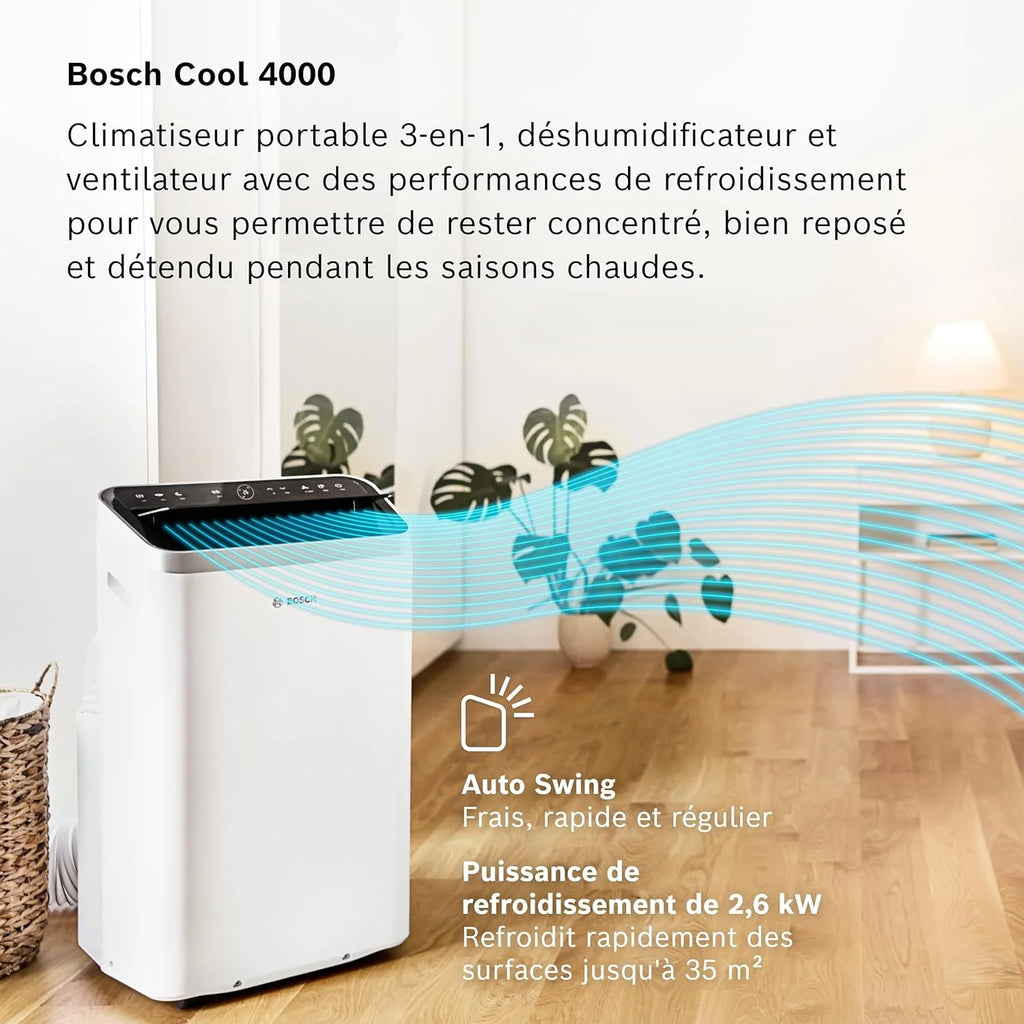 Bosch Cool 4000 Portable AC - 3 en 1 Climatiseur, Déshumidificateur, Ventilateur - 2,6 kW pour les pièces jusqu'à 35m² - Avec Mode Auto, Mode Silencieux et Mode Veille (48 db (A)) [Classe A+]