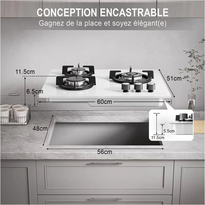 Plaque gaz ISEASY 3 feux encastrable 60x52 cm