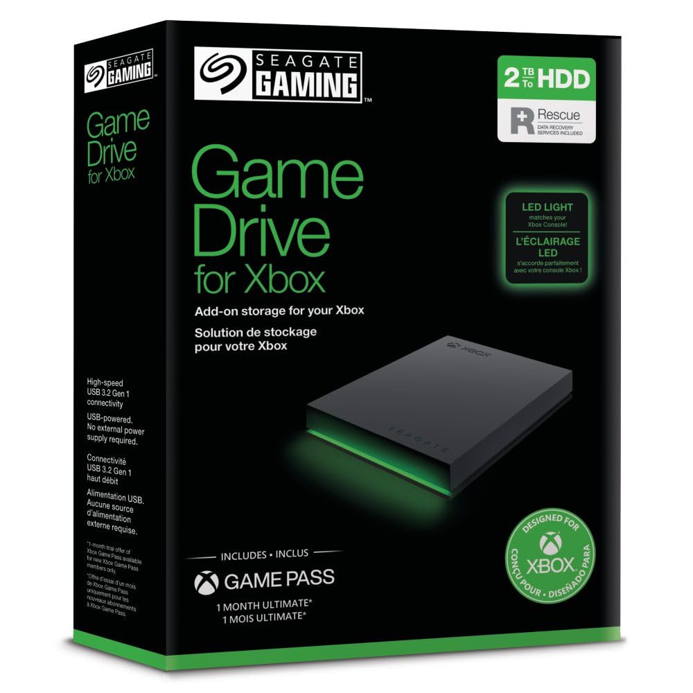 Seagate Game Drive pour Xbox 2To, Disque Dur Externe, HDD Portable, USB 3.2, Noir, certifié Xbox, LED RVB, Services Rescue (STKX2000403)
