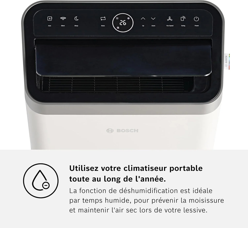 Bosch Cool 4000 Portable AC - 3 en 1 Climatiseur, Déshumidificateur, Ventilateur - 2,6 kW pour les pièces jusqu'à 35m² - Avec Mode Auto, Mode Silencieux et Mode Veille (48 db (A)) [Classe A+]