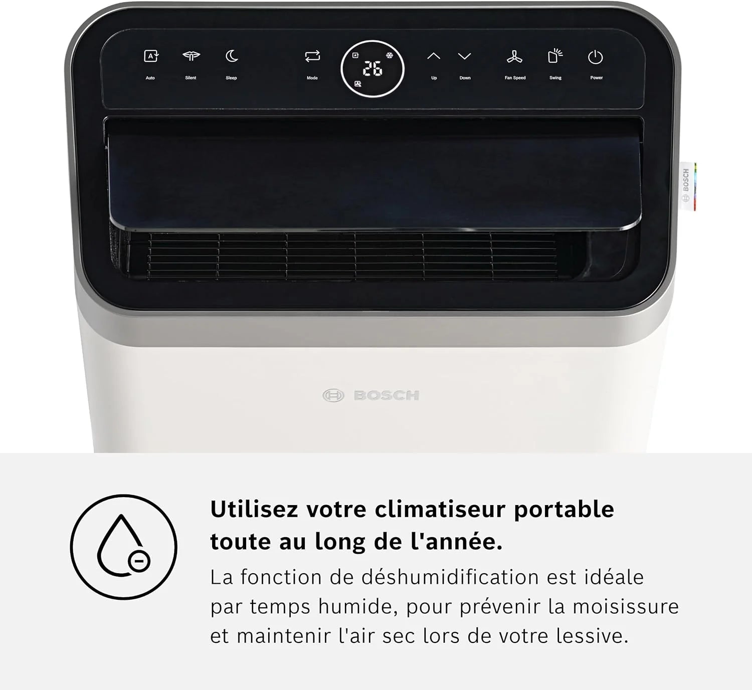 Bosch Cool 4000 Portable AC - 3 en 1 Climatiseur, Déshumidificateur, Ventilateur - 2,6 kW pour les pièces jusqu'à 35m² - Avec Mode Auto, Mode Silencieux et Mode Veille (48 db (A)) [Classe A+]