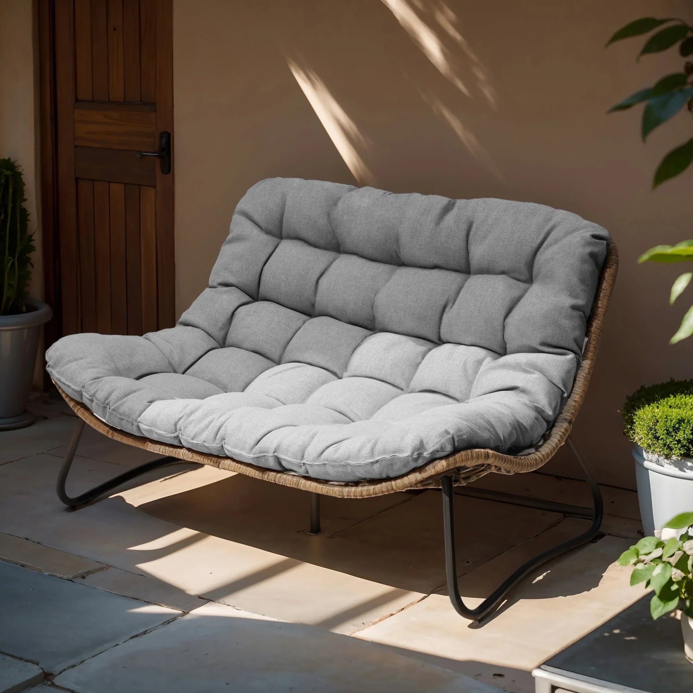 Causeuse double Papasan avec coussin, rotin PE tout temps et cadre en métal pour l'intérieur et l'extérieur