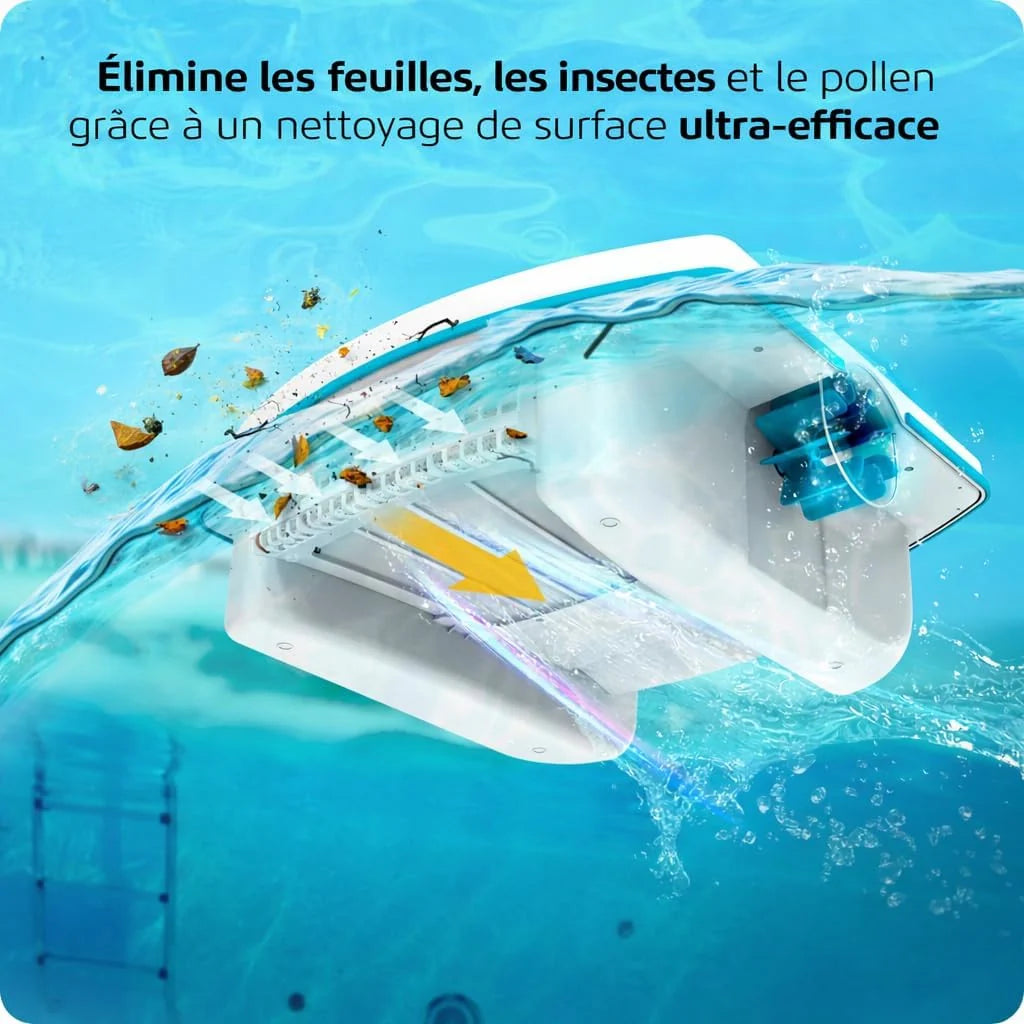 Dolphin Skimmi Robot Nettoyeur Skimmer de Piscine, Nettoie la Surface de l’Eau avec Son Panneau Solaire Intelligent, Contrôle par Application, Filtration Fine