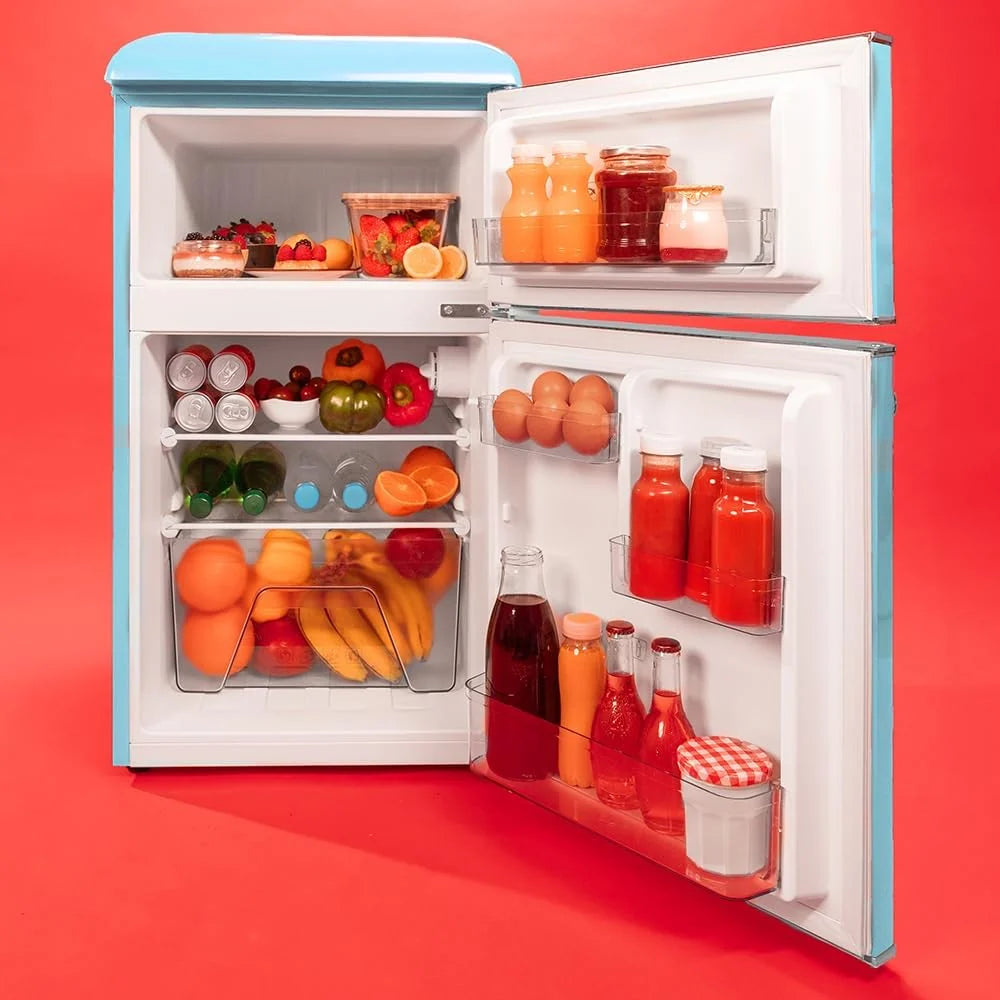 Cecotec Mini Réfrigérateur 2 Portes Retro 86L Bolero CoolMarket 2D Origin 86 Blue E, 89,3cm H et 48,7cm L, IceBox, Classe Énergétoque E, Total No Frost, Lumière Intérieure et Poignée Chromée, Bleu