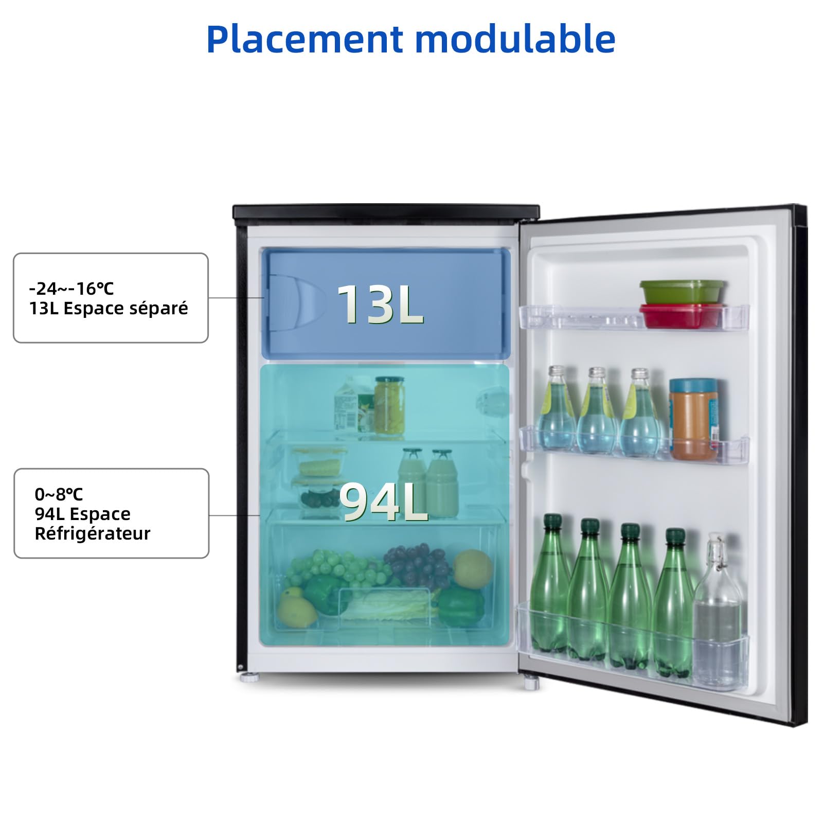 Réfrigérateur congélateur CHiQ 107 L, Classe D, Efficacité énergétique, Ultra silencieux (39 dB), Contrôle de l'humidité, Porte réversible