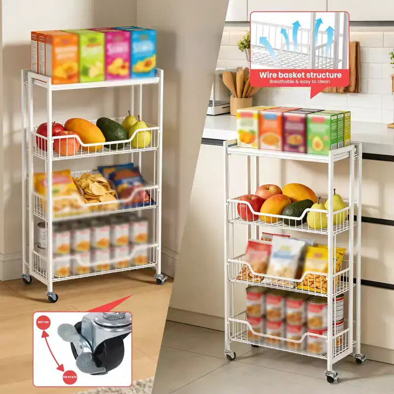 Chariot de Rangement de Cuisine Pliable à 3 Niveaux, Cadre et Étagères en Fer, Organisateur de Garde-Manger Gain de Place pour Fruits, Collations, Chariot de Service avec Roulettes Verrouillables