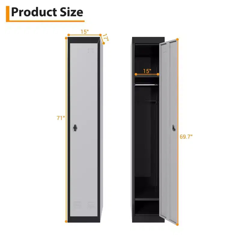 Casier métallique à 1 porte de 180 cm, Armoire de rangement fine en acier avec tringle et étagère pour Bureau, École, Salle de sport
