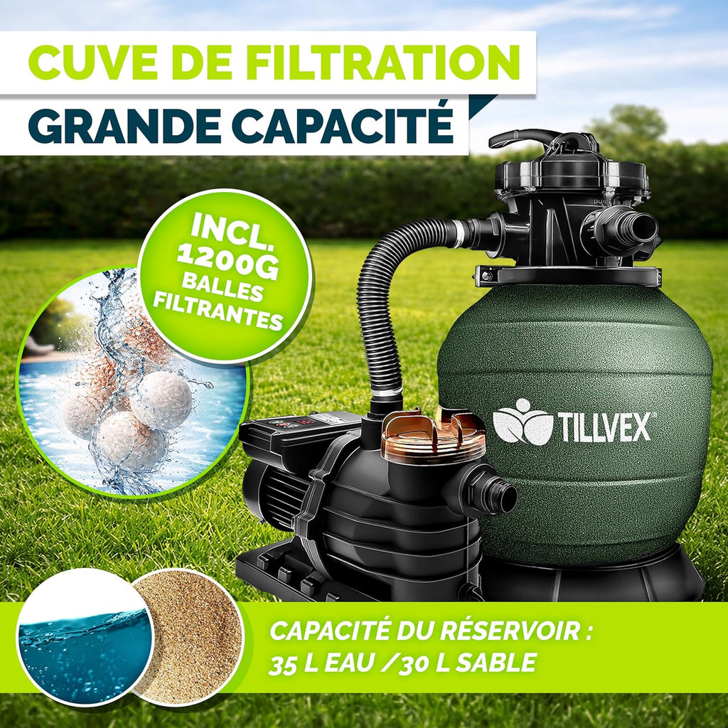 tillvex® Système de Filtre à Sable 13 200L/h jusqu'à 40 000L + 1200g Boules Filtre | 7 Fonctions & Adaptateur 2en1 Ø32-38mm | Filtre piscine & indicateur de pression (Vert, Avec minuterie)