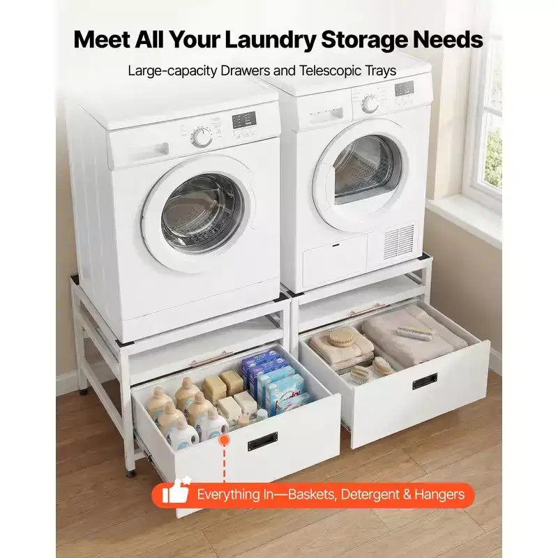 Socle de lave-linge et sèche-linge VEVOR, hauteur 57,4 cm, 73,6 x 73,6 cm, avec tiroir coulissant et espace de rangement, capacité de charge 362,9 kg, antidérapant, blanc
