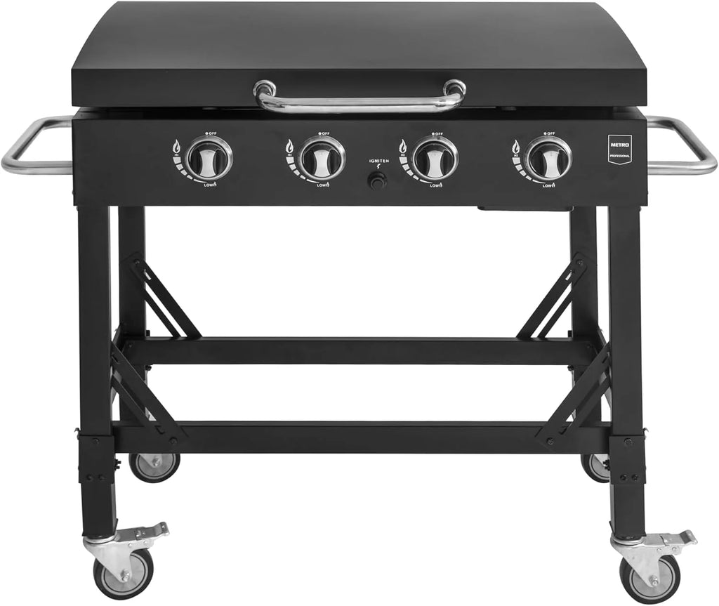 METRO PROFESSIONAL Barbecue Plancha à Gaz avec 4 Brûleurs Dayton, Acier Inoxydable, 14.8 kW, Allumage par Impulsion, 4 roulettes Pivotantes, Pliable, Noir
