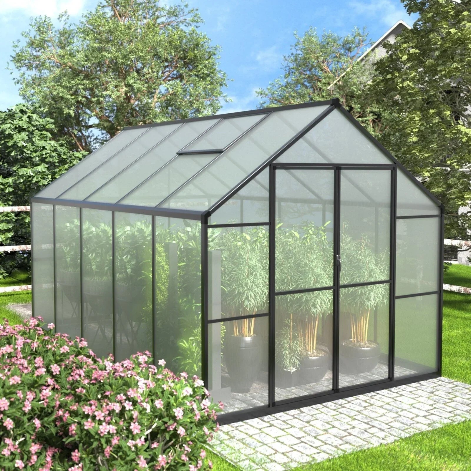 Serre de jardin aluminium VEIKOUS avec évent de toit réglable et porte verrouillable Grise