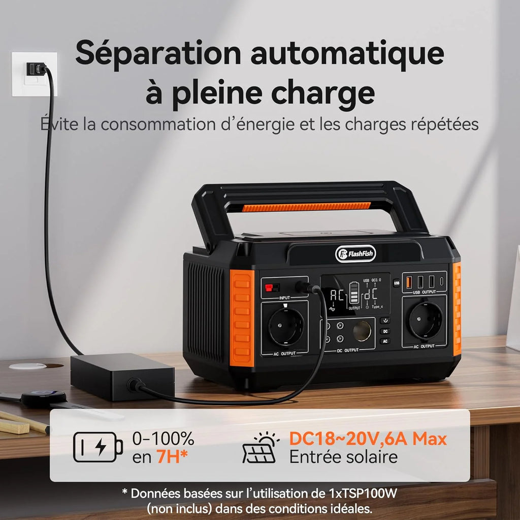FlashFish 520Wh Generateur Electrique avec Panneau Solaire 100W,Station Electrique Portable avec 2x CA 560W(crête 1100W),5x Sorties CC et 4x USB,Batterie de Secours pour Camping,Extérieur,Domestique