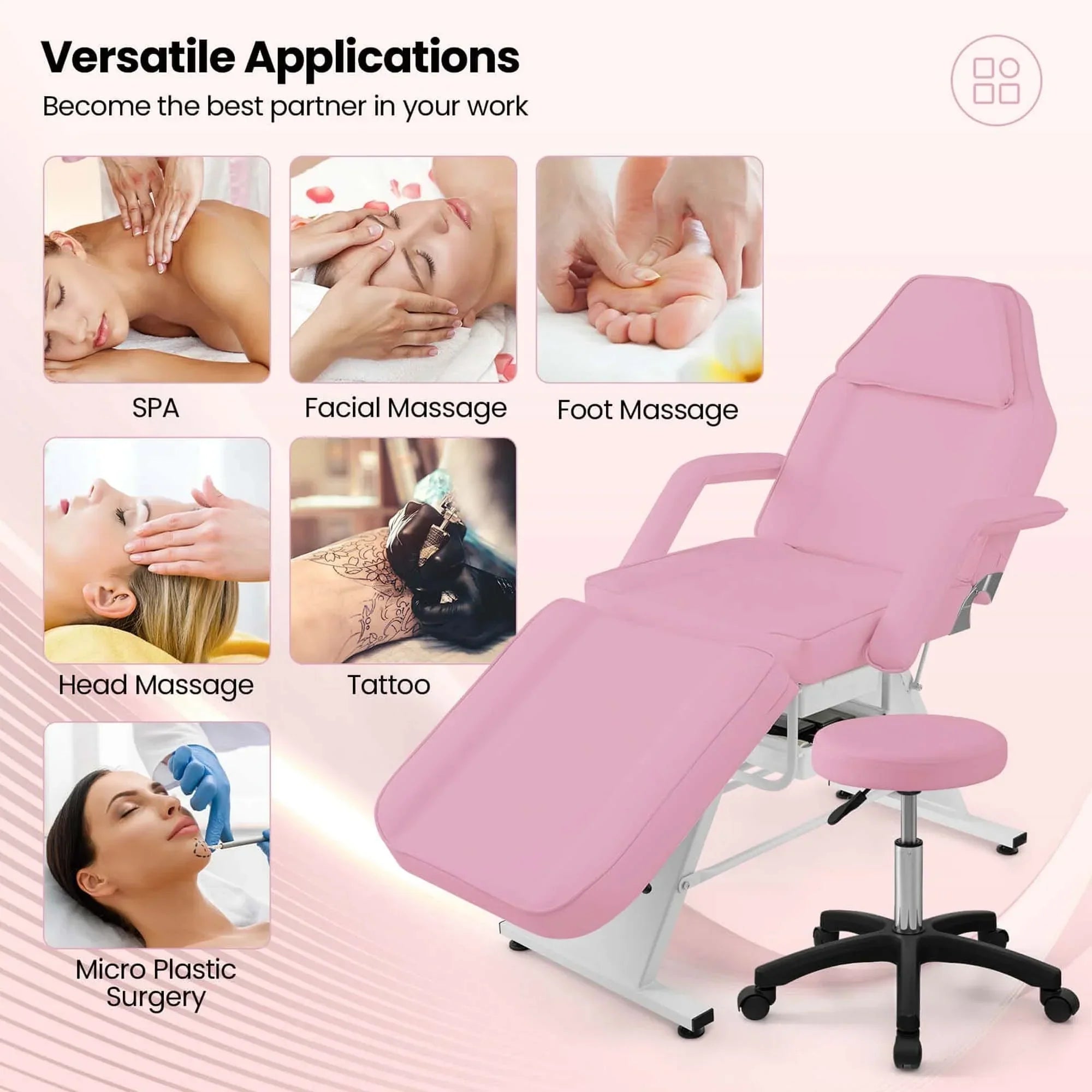 Costway Lit de massage 72" avec tabouret hydraulique et dossier réglable